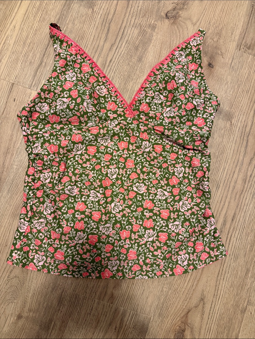 Cabana Life REVERSIBLE Coral, Sage and White Striped/Floral V-Neck Tankini Top L